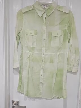 Coldwater Creek Light Green and White Button-Down Shirt